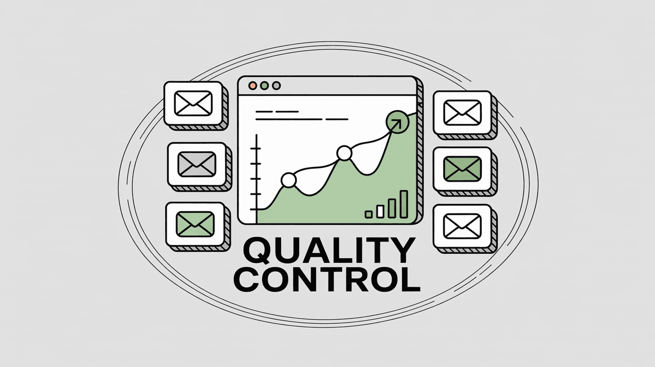 Professional illustration of email digest quality control dashboard showing monitoring and improvement process with email icons and analytics